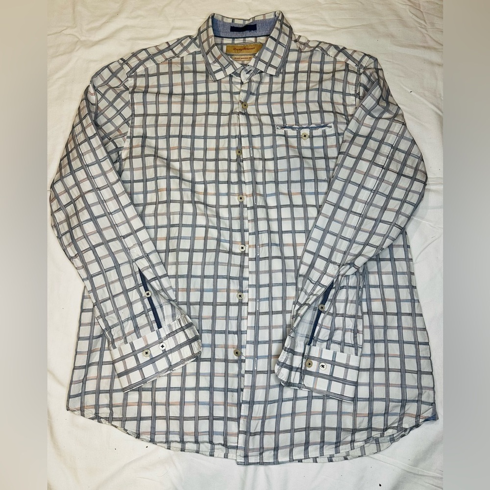 Tommy Bahama Blue and White Plaid Button Down Shirt